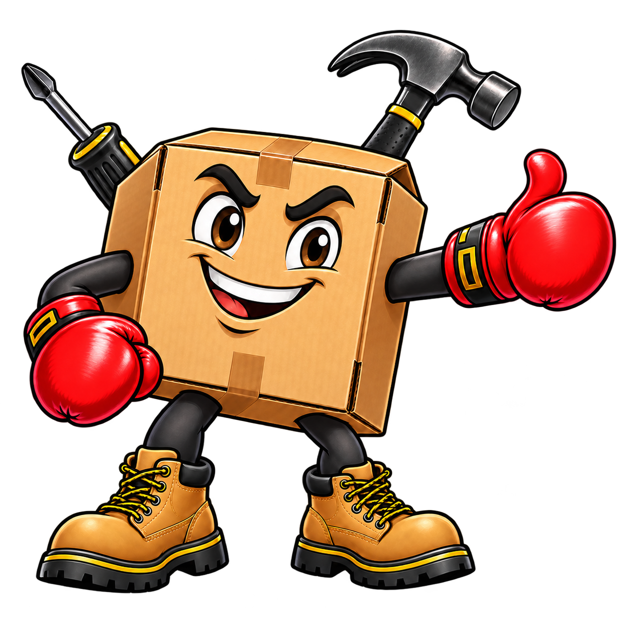 Boxembly mascot pointing to furniture assembly